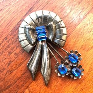 Vintage Sterling Silver Brooch Atomic Age Pin Blue Glass Stones 1940s